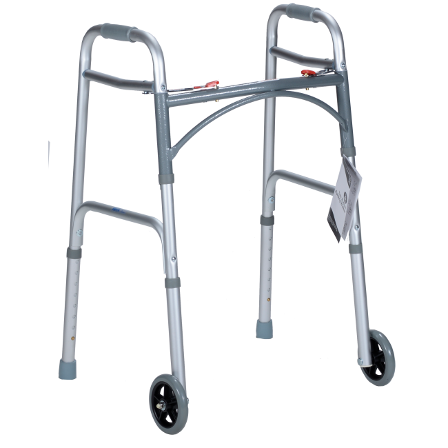 Adult Two Button Folding Walker with 5" Wheels, Gray - 10162-4