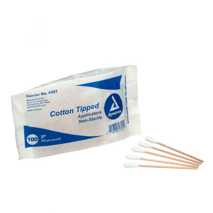 Non-Sterile Cotton Tipped Applicators, 3" Wood Shaft, 100/bag