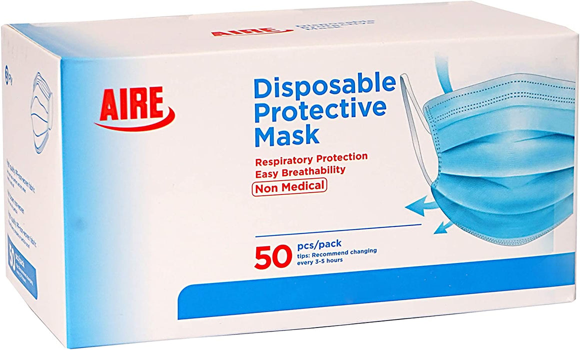 Aire 3-Ply Non-Medical Disposable Face Masks - Blue - 50 Pack