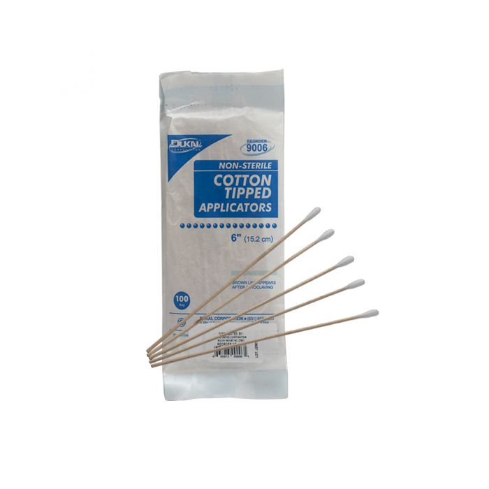 Non-Sterile Cotton Tipped Applicators, 6" Wood Shaft, 100/bag