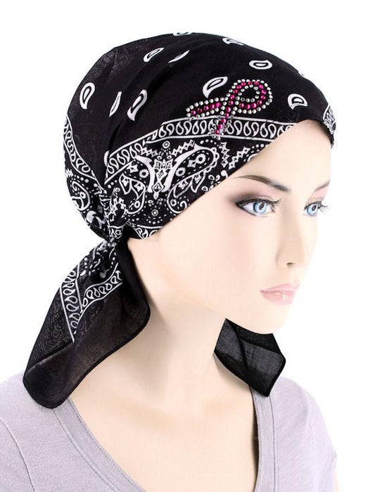 BANDANA SCARF PINK RIBBON RHINESTONE BLACK-CE-BDNASCARF-PRBLACK-