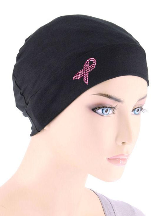 Chemo Cap Pink Ribbon Rhinestud In Black-CE-CHEMOCAPPR-BLACK