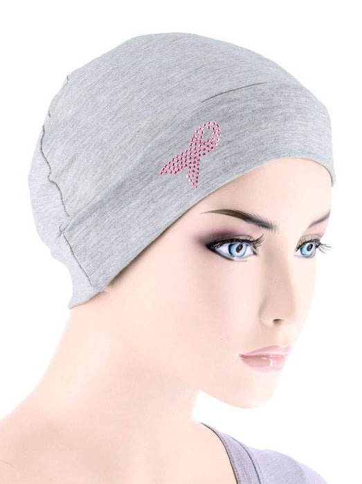 Chemo Cap pink Ribbon Rhinestud In Heather Gray-CE-CHEMOCAPPR-HEATHERGRAY