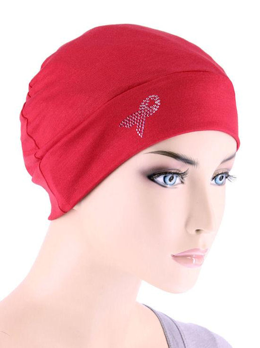 Chemo Cap Pink Ribbon Rhinestud in Red-CE-CHEMOCAPPR-RED