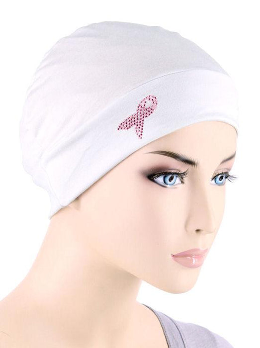 Chemo Cap Pink Ribbon Rhinestud In White-CE-CHEMOCAPPR-WHITE