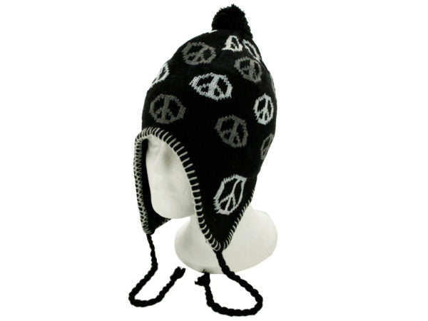 Fleece Lined Peace Sign Design Wool Blend Knit Hat - OT384