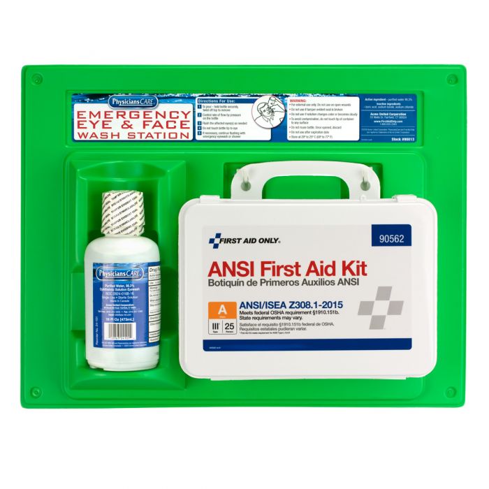 Eyewash Station, Single 16 oz. Screw Cap Bottle, with ANSI 2015 First Aid Kit